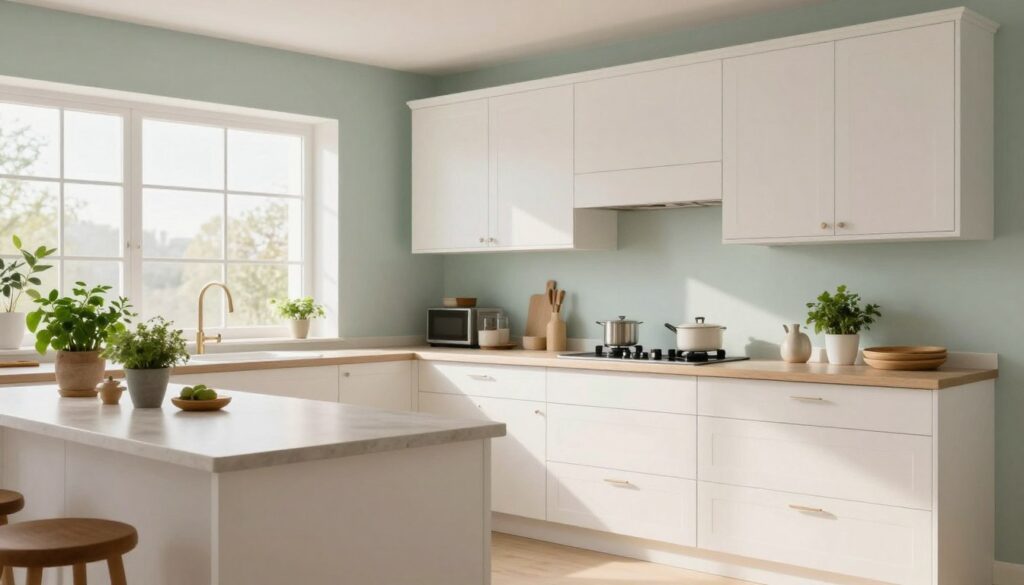 A serene modern kitchen featuring white furniture, showcasing an elegant combination of wall colors that harmonize with the cabinetry. The foreground includes a spacious countertop with fresh herbs in pots and stylish kitchenware. The middle showcases pristine white cabinets with subtle textures, seamlessly blending with a soft pastel wall color—perhaps a soothing mint green or light gray. In the background, natural light floods in from a large window, enhancing the airy atmosphere. The scene captures a cozy yet chic vibe, inviting viewers to envision their dream kitchen. Use warm, soft lighting to create a welcoming ambiance, focusing on a bright, open layout that feels both stylish and functional.