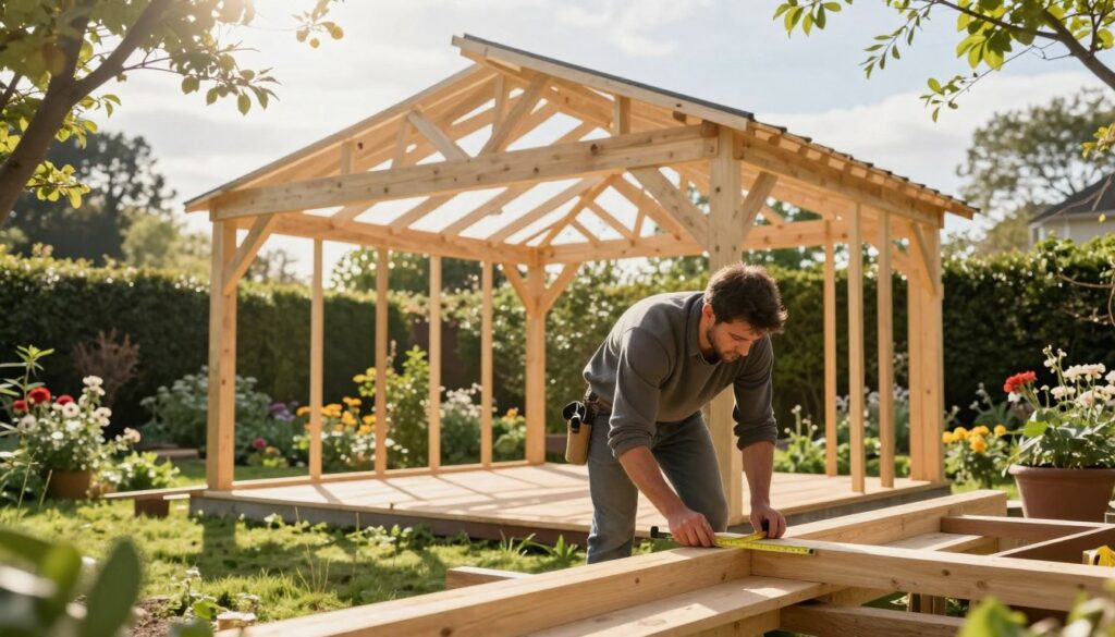 A serene outdoor scene showcasing the preparation of a wooden framework for a garden gazebo. In the foreground, a skilled carpenter, dressed in modest casual clothing, carefully measures and cuts wooden beams, demonstrating craftsmanship. The middle ground features a partially constructed gazebo with visible wooden trusses being assembled, highlighting the intricacy of the design. In the background, a lush green garden with blooming flowers and trees creates a calming atmosphere. Soft, warm sunlight filters through the branches, casting gentle shadows on the ground. The angle captures the action from a low perspective, providing depth and an inviting feel to the scene. The overall mood is one of tranquility and diligence, emphasizing the beauty of outdoor construction. A serene outdoor scene showcasing the preparation of a wooden framework for a garden gazebo. In the foreground, a skilled carpenter, dressed in modest casual clothing, carefully measures and cuts wooden beams, demonstrating craftsmanship. The middle ground features a partially constructed gazebo with visible wooden trusses being assembled, highlighting the intricacy of the design. In the background, a lush green garden with blooming flowers and trees creates a calming atmosphere. Soft, warm sunlight filters through the branches, casting gentle shadows on the ground. The angle captures the action from a low perspective, providing depth and an inviting feel to the scene. The overall mood is one of tranquility and diligence, emphasizing the beauty of outdoor construction.