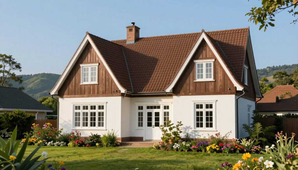 A serene suburban scene featuring a house with a rich brown roof and striking white windows, set against a clear blue sky. In the foreground, a lush green garden with colorful flowers adds vibrancy, while the middle ground showcases the elegant facade of the house, highlighting the contrast between the brown roof and the white windows. The house should have a classic architectural style, perhaps with subtle ornamentation to enhance its charm. The background includes softly rolling hills and trees, bathed in warm, natural sunlight, creating a tranquil and inviting atmosphere. The lighting should be bright yet soft, emphasizing the harmony between the structure and its surroundings, inviting the viewer to imagine a timeless and cohesive aesthetic. A serene suburban scene featuring a house with a rich brown roof and striking white windows, set against a clear blue sky. In the foreground, a lush green garden with colorful flowers adds vibrancy, while the middle ground showcases the elegant facade of the house, highlighting the contrast between the brown roof and the white windows. The house should have a classic architectural style, perhaps with subtle ornamentation to enhance its charm. The background includes softly rolling hills and trees, bathed in warm, natural sunlight, creating a tranquil and inviting atmosphere. The lighting should be bright yet soft, emphasizing the harmony between the structure and its surroundings, inviting the viewer to imagine a timeless and cohesive aesthetic.