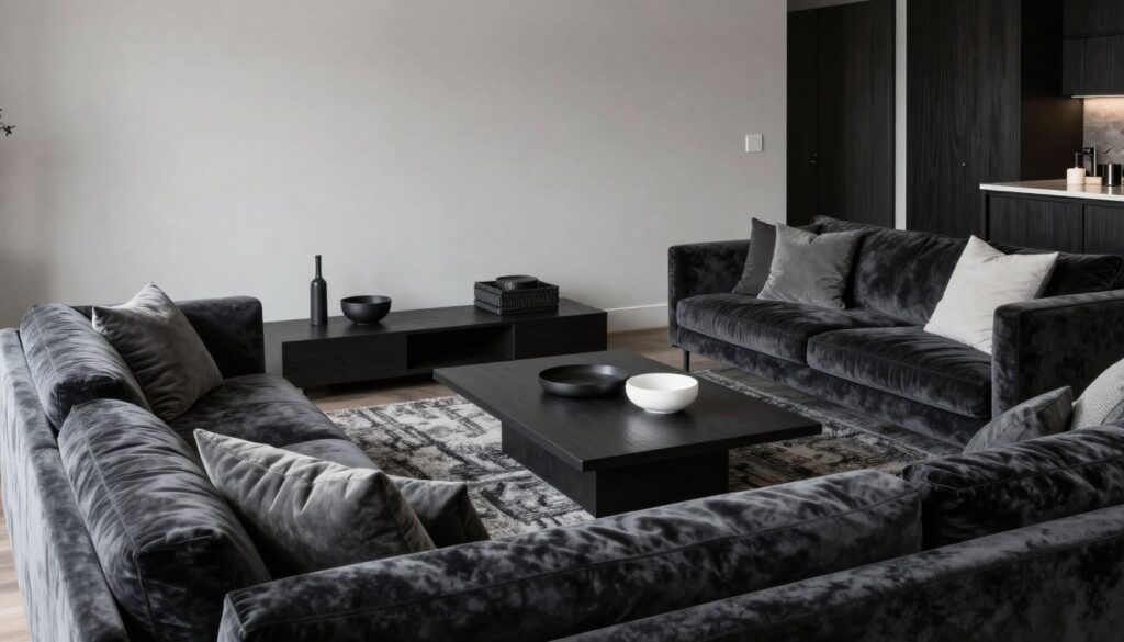 A sophisticated monochromatic interior design showcasing a stylish living room with dark wooden furniture. The foreground features a plush, dark velvet sofa adorned with elegant cushions in varying shades of gray. In the middle, a sleek coffee table sits atop a richly textured area rug, surrounded by minimalistic decor items, all harmonizing in a palette of black, white, and various grays. The background reveals a beautifully painted wall in a soft, pale gray that enhances the elegance of the space. Warm, diffused lighting casts gentle shadows, creating a cozy atmosphere. The camera angle captures the entire arrangement from a slightly elevated perspective, inviting the viewer into a serene, upscale environment. A sophisticated monochromatic interior design showcasing a stylish living room with dark wooden furniture. The foreground features a plush, dark velvet sofa adorned with elegant cushions in varying shades of gray. In the middle, a sleek coffee table sits atop a richly textured area rug, surrounded by minimalistic decor items, all harmonizing in a palette of black, white, and various grays. The background reveals a beautifully painted wall in a soft, pale gray that enhances the elegance of the space. Warm, diffused lighting casts gentle shadows, creating a cozy atmosphere. The camera angle captures the entire arrangement from a slightly elevated perspective, inviting the viewer into a serene, upscale environment.