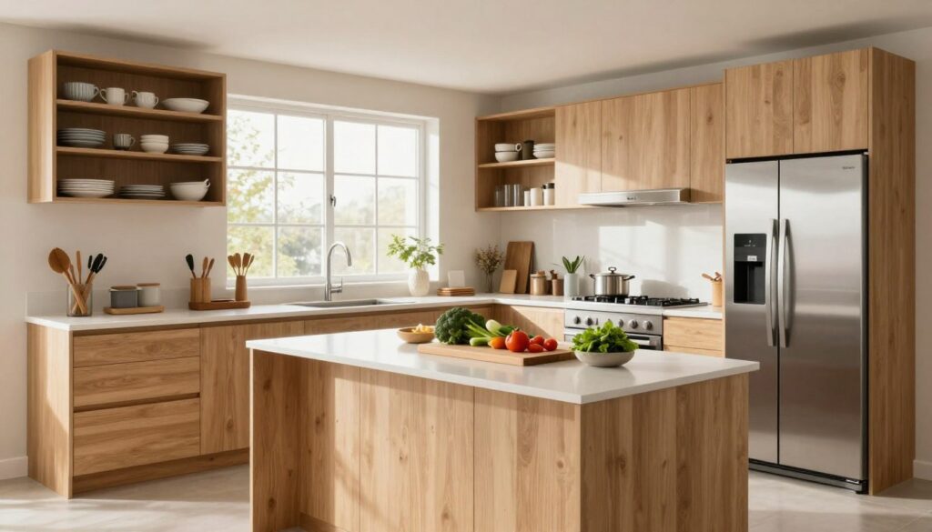 A spacious and functional kitchen with a modern design, featuring sleek cabinets in a light wood finish and a minimalist island in the center. In the foreground, a stylish yet practical cutting board is placed next to fresh vegetables and kitchen tools. The middle ground showcases stainless steel appliances, including a refrigerator and oven, complemented by an open shelving unit displaying neatly arranged dishware. The background reveals large windows allowing natural light to pour in, illuminating the space with a warm and inviting glow. The atmosphere is organized and efficient, exuding a sense of affordability and practicality in design, suitable for anyone looking to create a budget-friendly yet stylish kitchen. A spacious and functional kitchen with a modern design, featuring sleek cabinets in a light wood finish and a minimalist island in the center. In the foreground, a stylish yet practical cutting board is placed next to fresh vegetables and kitchen tools. The middle ground showcases stainless steel appliances, including a refrigerator and oven, complemented by an open shelving unit displaying neatly arranged dishware. The background reveals large windows allowing natural light to pour in, illuminating the space with a warm and inviting glow. The atmosphere is organized and efficient, exuding a sense of affordability and practicality in design, suitable for anyone looking to create a budget-friendly yet stylish kitchen.