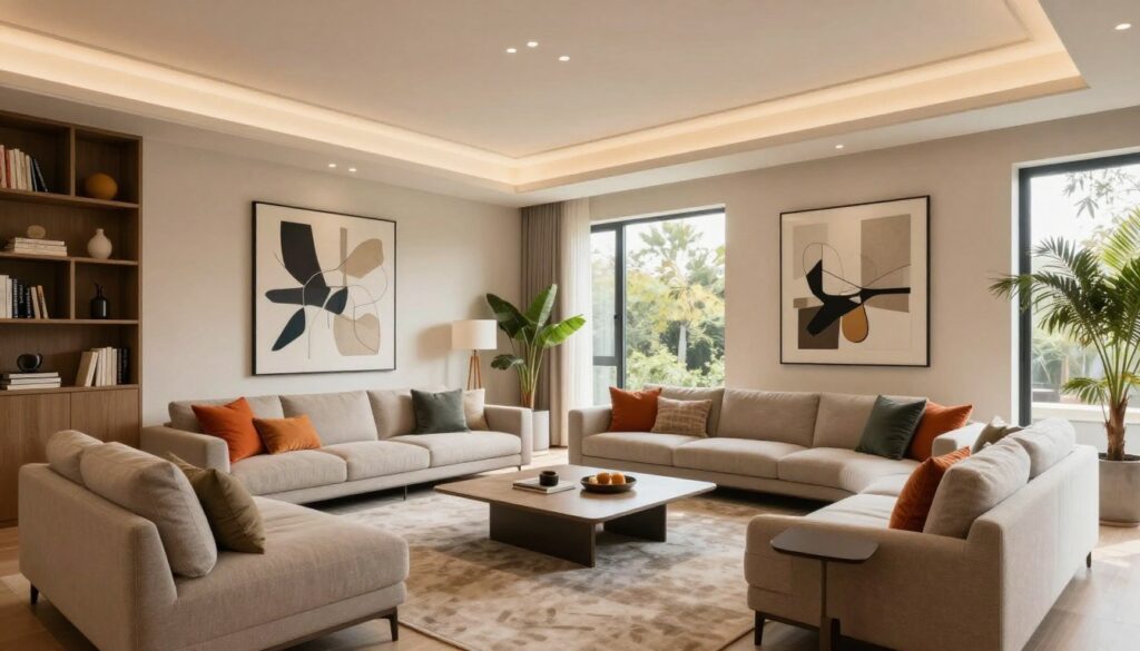 A spacious, elegantly designed living room that showcases the potential of large interiors. The foreground features a modern, stylish sofa arrangement complemented by vibrant throw pillows and a minimalist coffee table. In the middle ground, a tasteful area rug anchors the space, while an oversized piece of abstract art hangs on the wall to draw attention. A chic bookshelf and decorative plants add warmth and character. In the background, large windows flood the room with natural light, bringing a warm and inviting atmosphere. Soft, ambient lighting enhances the cozy feel, while a wide-angle lens captures the grandeur of the room, emphasizing its spaciousness. The overall mood is harmonious and sophisticated, perfect for maximizing the potential of big living areas.