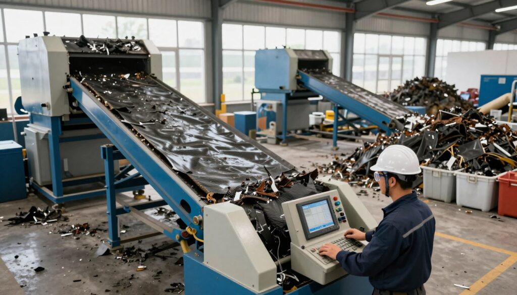 A specialized recycling facility dedicated to processing roofing felt, featuring large industrial machines designed for shredding and repurposing materials. In the foreground, show a technician wearing a hard hat and safety goggles, operating a control panel surrounded by machinery. The middle ground should include conveyor belts carrying shredded roofing felt, with piles of processed materials and containers ready for reuse. In the background, large windows let in natural light, illuminating the space and creating a clean, efficient atmosphere. The scene should convey a sense of professionalism and environmental responsibility, with a focus on teamwork and innovation in waste management. The image should be bright and inviting, showcasing the facility's commitment to sustainable practices. A specialized recycling facility dedicated to processing roofing felt, featuring large industrial machines designed for shredding and repurposing materials. In the foreground, show a technician wearing a hard hat and safety goggles, operating a control panel surrounded by machinery. The middle ground should include conveyor belts carrying shredded roofing felt, with piles of processed materials and containers ready for reuse. In the background, large windows let in natural light, illuminating the space and creating a clean, efficient atmosphere. The scene should convey a sense of professionalism and environmental responsibility, with a focus on teamwork and innovation in waste management. The image should be bright and inviting, showcasing the facility's commitment to sustainable practices.