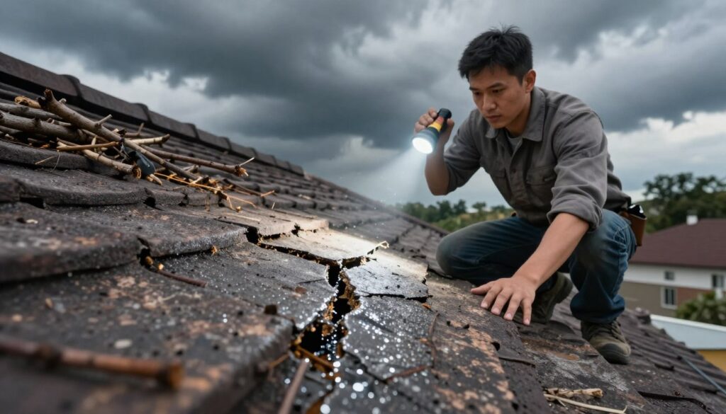 A split composition showing the primary causes of roof leaks. In the foreground, depict a close-up of a worn, cracked roof surface with visible gaps, where water is seeping through. To the left, illustrate hanging branches and debris piling up, demonstrating inadequate maintenance. In the middle ground, show a professional wearing modest casual clothing inspecting a roof with a flashlight, highlighting the importance of regular checks. At the background, capture dark, stormy clouds gathering above, symbolizing bad weather conditions. Use dramatic lighting to emphasize the cracks and the professional’s focused expression, creating a tense yet informative atmosphere, suggesting urgency for roof maintenance and repair. A split composition showing the primary causes of roof leaks. In the foreground, depict a close-up of a worn, cracked roof surface with visible gaps, where water is seeping through. To the left, illustrate hanging branches and debris piling up, demonstrating inadequate maintenance. In the middle ground, show a professional wearing modest casual clothing inspecting a roof with a flashlight, highlighting the importance of regular checks. At the background, capture dark, stormy clouds gathering above, symbolizing bad weather conditions. Use dramatic lighting to emphasize the cracks and the professional’s focused expression, creating a tense yet informative atmosphere, suggesting urgency for roof maintenance and repair.