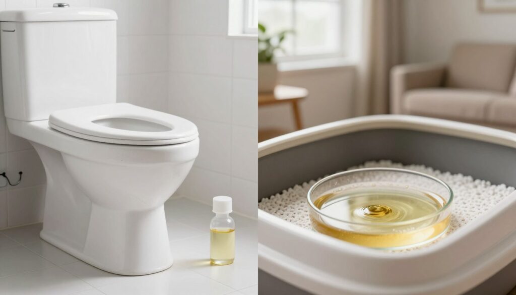 A split image illustrating the differences between human and cat urine. On the left, depict a clean, well-lit bathroom scene featuring a human toilet, with texture details on a urine sample in a small vial beside it, reflecting bright fluorescent lighting. On the right, show a cozy living room corner with a cat's litter box, featuring a sample of cat urine in a clear petri dish, with soft natural light filtering through a window, highlighting the warmth of the space. The contrast should be emphasized through color and texture, showing the stark differences in liquid appearance and surroundings. The mood should be informative and educational, inviting viewers to understand these differences clearly. A split image illustrating the differences between human and cat urine. On the left, depict a clean, well-lit bathroom scene featuring a human toilet, with texture details on a urine sample in a small vial beside it, reflecting bright fluorescent lighting. On the right, show a cozy living room corner with a cat's litter box, featuring a sample of cat urine in a clear petri dish, with soft natural light filtering through a window, highlighting the warmth of the space. The contrast should be emphasized through color and texture, showing the stark differences in liquid appearance and surroundings. The mood should be informative and educational, inviting viewers to understand these differences clearly.