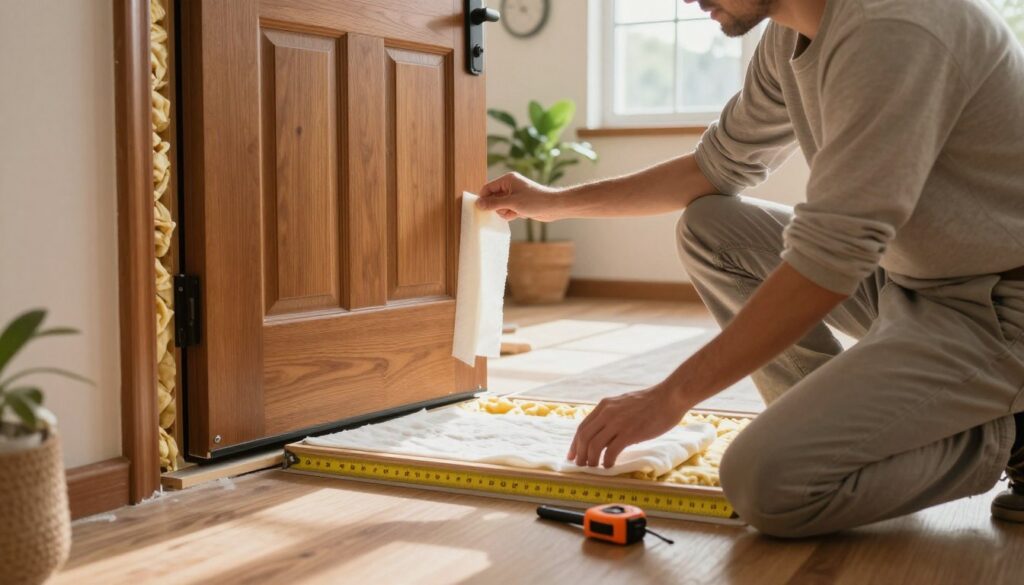 A step-by-step home improvement scene showcasing the insulation of front doors. In the foreground, depict a person wearing a modest casual outfit, kneeling beside a wooden door equipped with weatherstripping and insulation materials. Show their hands applying adhesive carefully, with tools like a measuring tape and utility knife nearby. In the middle ground, illustrate a well-lit, cozy entryway, with sunlight streaming through a nearby window creating soft shadows. The background features elements of a home environment, such as a plant and a wall clock, enhancing the domestic atmosphere. Emphasize a mood of warmth and diligence, highlighting the importance of energy efficiency in home maintenance. The image should be clear, capturing the essence of home improvement without any text or distractions.