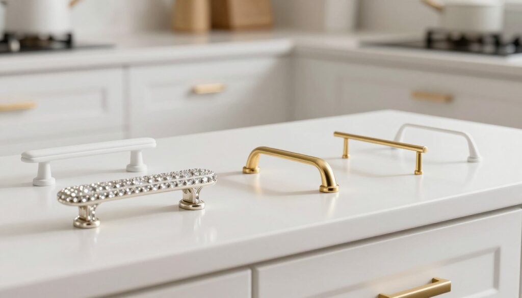 A stunning close-up of elegant white furniture handles that embody a glamorous style. The foreground features an array of intricately designed handles, including crystal-embellished ones, brushed gold finishes, and sleek minimalist designs, artfully arranged on a polished white kitchen cabinet. In the middle ground, soft, diffused lighting enhances the luxurious textures of the handles, casting gentle shadows that add depth. The background is a subtly blurred kitchen setting with white cabinetry and gold accents, exuding sophistication. The atmosphere is one of refined elegance and warmth, suitable for a modern, glamour-inspired interior. The image should convey a sense of charm and modernity, with a focus on fine details and high-end aesthetics. A stunning close-up of elegant white furniture handles that embody a glamorous style. The foreground features an array of intricately designed handles, including crystal-embellished ones, brushed gold finishes, and sleek minimalist designs, artfully arranged on a polished white kitchen cabinet. In the middle ground, soft, diffused lighting enhances the luxurious textures of the handles, casting gentle shadows that add depth. The background is a subtly blurred kitchen setting with white cabinetry and gold accents, exuding sophistication. The atmosphere is one of refined elegance and warmth, suitable for a modern, glamour-inspired interior. The image should convey a sense of charm and modernity, with a focus on fine details and high-end aesthetics.