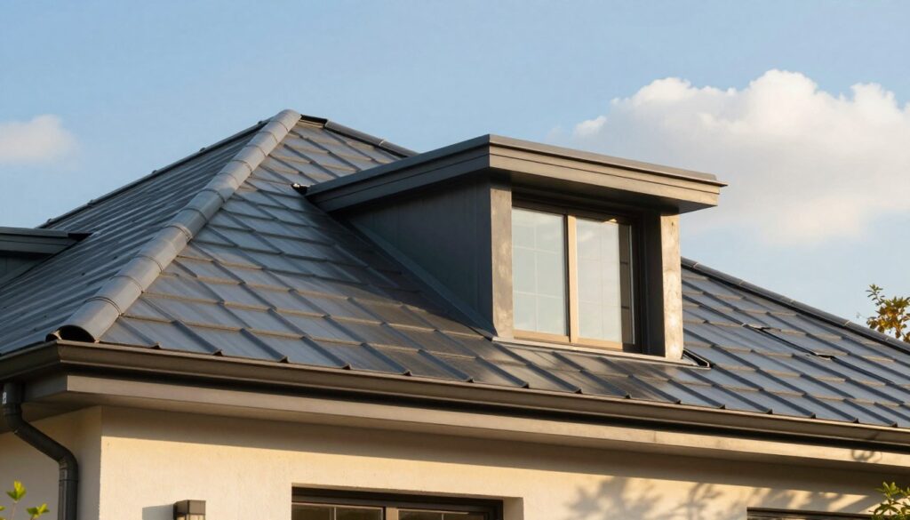 A stunning residential scene showcasing the effect of roof color on attic heating. In the foreground, a sleek graphite-colored roof glistens under the warm afternoon sun, contrasting with a stylish light-colored facade beneath. The middle ground features an inviting attic window, hinting at warmth inside, with sunlight streaming in. In the background, a clear blue sky enhances the scene, while a few fluffy white clouds drift by. Use soft, natural lighting to emphasize the textures of the roof and the warmth of the architecture. The angle should be slightly elevated, giving depth to the composition, capturing the relationship between the roof color and the surrounding environment. The overall mood is serene, showcasing a luxurious home setting ideal for a modern audience.