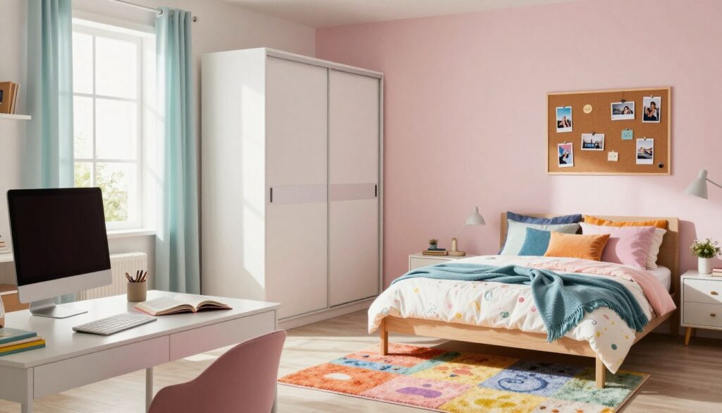 A stylish and functional teenage bedroom arranged for optimal space usage. In the foreground, a sleek desk with a computer and open books suggests a study area. To one side, a cozy bed with colorful, youthful bedding is neatly made, flanked by modern nightstands. In the middle, a vibrant rug adds warmth, and a wardrobe with sliding doors stands against the wall. Bright, natural light streams in through a window adorned with light curtains, creating a cheerful ambiance. In the background, a corkboard filled with photos and reminders adds personal flair. The overall color scheme features soft pastels mixed with energizing accents. The scene conveys a harmonious and productive atmosphere, ideal for a teenager's room. A stylish and functional teenage bedroom arranged for optimal space usage. In the foreground, a sleek desk with a computer and open books suggests a study area. To one side, a cozy bed with colorful, youthful bedding is neatly made, flanked by modern nightstands. In the middle, a vibrant rug adds warmth, and a wardrobe with sliding doors stands against the wall. Bright, natural light streams in through a window adorned with light curtains, creating a cheerful ambiance. In the background, a corkboard filled with photos and reminders adds personal flair. The overall color scheme features soft pastels mixed with energizing accents. The scene conveys a harmonious and productive atmosphere, ideal for a teenager's room.