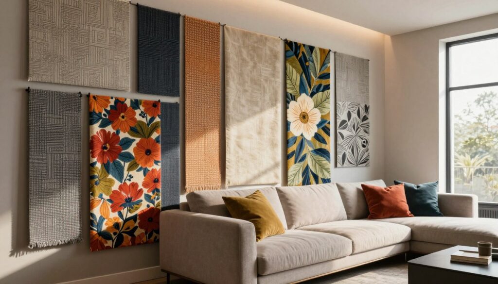 A stylish and modern living room showcasing an array of wall fabrics. In the foreground, vibrant wall hangings in various textures and patterns, such as geometric designs and bold floral prints, create a dynamic focal point. The middle ground emphasizes a sleek, contemporary couch in a neutral tone, accentuated by colorful throw pillows that complement the wall fabrics. In the background, softly lit walls with subtle shadows enhance the cozy atmosphere, while a large window allows natural light to cascade into the space, adding warmth. The scene is photographed from a slight angle to capture depth and layered details, evoking a sense of modern elegance and inviting comfort. The overall mood is chic and tranquil, ideal for inspiring wall décor ideas. A stylish and modern living room showcasing an array of wall fabrics. In the foreground, vibrant wall hangings in various textures and patterns, such as geometric designs and bold floral prints, create a dynamic focal point. The middle ground emphasizes a sleek, contemporary couch in a neutral tone, accentuated by colorful throw pillows that complement the wall fabrics. In the background, softly lit walls with subtle shadows enhance the cozy atmosphere, while a large window allows natural light to cascade into the space, adding warmth. The scene is photographed from a slight angle to capture depth and layered details, evoking a sense of modern elegance and inviting comfort. The overall mood is chic and tranquil, ideal for inspiring wall décor ideas.