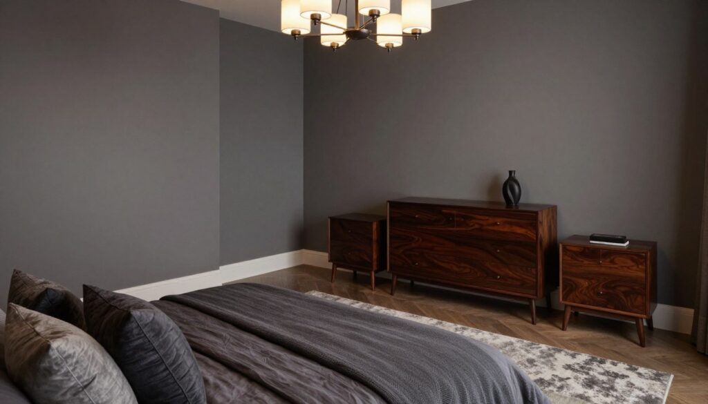 A stylish interior of a cozy bedroom featuring dark furniture in a monochromatic arrangement. The foreground showcases a luxurious bed with deep gray bedding and textured throw pillows, flanked by two elegant side tables made of rich mahogany. The middle ground includes a plush area rug and a minimalist dresser that harmonizes with the dark tones. In the background, the walls are painted in a soft charcoal grey, enhancing the depth of the room. The lighting is soft and warm, emanating from a contemporary chandelier overhead, casting gentle shadows that create a serene atmosphere. Capture the essence of sophistication and warmth, inviting viewers to feel the tranquility of the space.