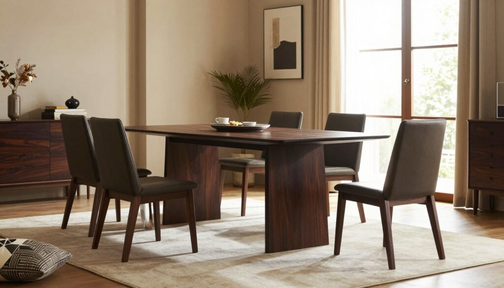 A stylish interior room showcasing dark wooden furniture, such as a sleek dining table and elegant chairs, well-lit by natural daylight streaming through large, draped windows. In the foreground, soft textures like a light rug and decorative cushions harmonize with the dark wood, creating a cozy atmosphere. The middle ground features walls painted in soft, warm tones that contrast beautifully with the furniture, enhancing its rich color. In the background, subtle decorative elements like plants and artwork add depth. The lighting is warm and inviting, with a gentle halo effect highlighting the furniture, creating a sophisticated ambiance that accentuates the elegance of the dark pieces. The overall mood is serene, balanced, and upscale, reflecting the interplay of light and dark in interior design. A stylish interior room showcasing dark wooden furniture, such as a sleek dining table and elegant chairs, well-lit by natural daylight streaming through large, draped windows. In the foreground, soft textures like a light rug and decorative cushions harmonize with the dark wood, creating a cozy atmosphere. The middle ground features walls painted in soft, warm tones that contrast beautifully with the furniture, enhancing its rich color. In the background, subtle decorative elements like plants and artwork add depth. The lighting is warm and inviting, with a gentle halo effect highlighting the furniture, creating a sophisticated ambiance that accentuates the elegance of the dark pieces. The overall mood is serene, balanced, and upscale, reflecting the interplay of light and dark in interior design.