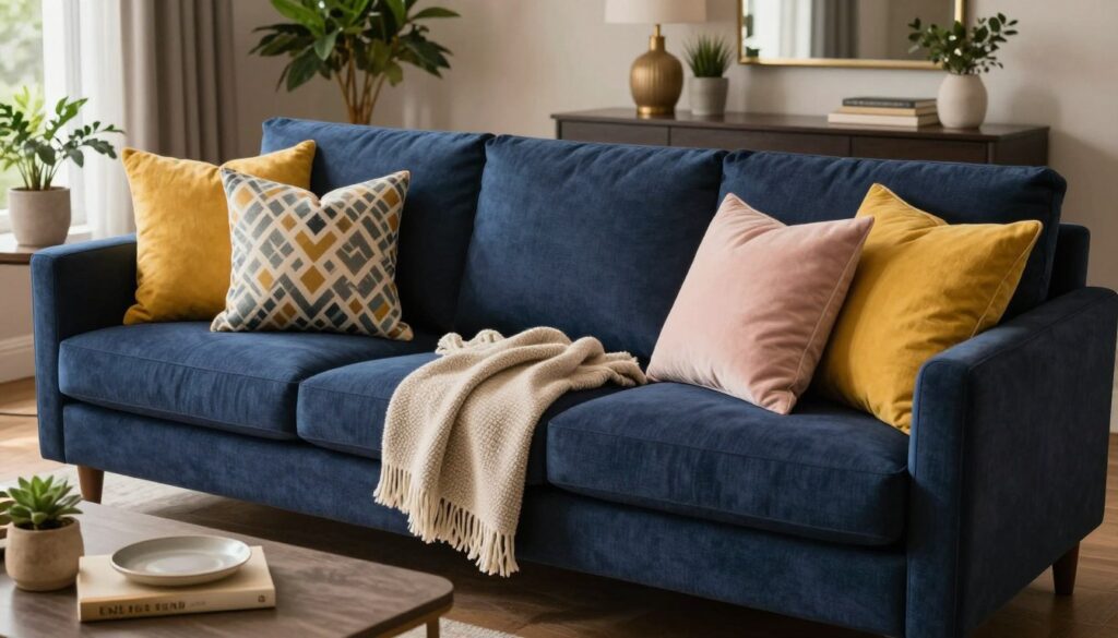 A stylish living room featuring a deep navy blue sofa adorned with an array of cushions in varying sizes and complementary patterns. In the foreground, showcase several accent pillows in vibrant colors like mustard yellow, soft blush, and geometric designs, thoughtfully arranged on the sofa. In the middle, include a cozy throw blanket draped casually over one arm of the couch, creating an inviting atmosphere. The background reveals a warm, well-lit space with elegant decor, such as potted plants and a tastefully arranged coffee table. The lighting should be soft and natural, casting gentle shadows, and the overall mood should feel welcoming and sophisticated, ideal for an upscale interior design article.