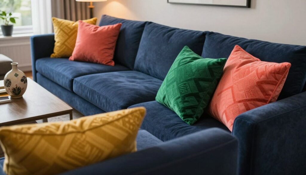 A stylish living room featuring a deep navy blue sofa adorned with an array of vibrant, contrasting throw pillows. The focus is on the textured cushions, showcasing bold geometric patterns in shades of mustard yellow, rich emerald green, and bright coral. The foreground highlights the sofa with the pillows artfully arranged, while the middle ground displays a chic coffee table with a decorative vase. The background includes soft, warm lighting from a large window, casting gentle shadows and creating a cozy atmosphere. Use a wide-angle lens to capture the entire scene, emphasizing the elegant interplay of colors and textures that enliven the space. The overall mood should be inviting and lively. The image should be clear of any text or overlays.