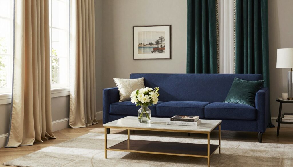 A stylish living room featuring a deep navy blue sofa as the central piece. The foreground showcases an elegant arrangement of assorted curtains that complement the sofa, highlighting various color options like soft gold, muted cream, and deep emerald green. In the middle ground, place an intricately designed coffee table adorned with decorative items like a vase with fresh flowers and a few chic books. The background reveals a neatly designed space with neutral walls and framed artwork, creating a sophisticated atmosphere. Soft, natural light filters in from a nearby window, enhancing the cozy yet refined mood of the scene. Use a wide-angle lens to capture the elegance and harmony of the decor while ensuring the overall composition is balanced and inviting.