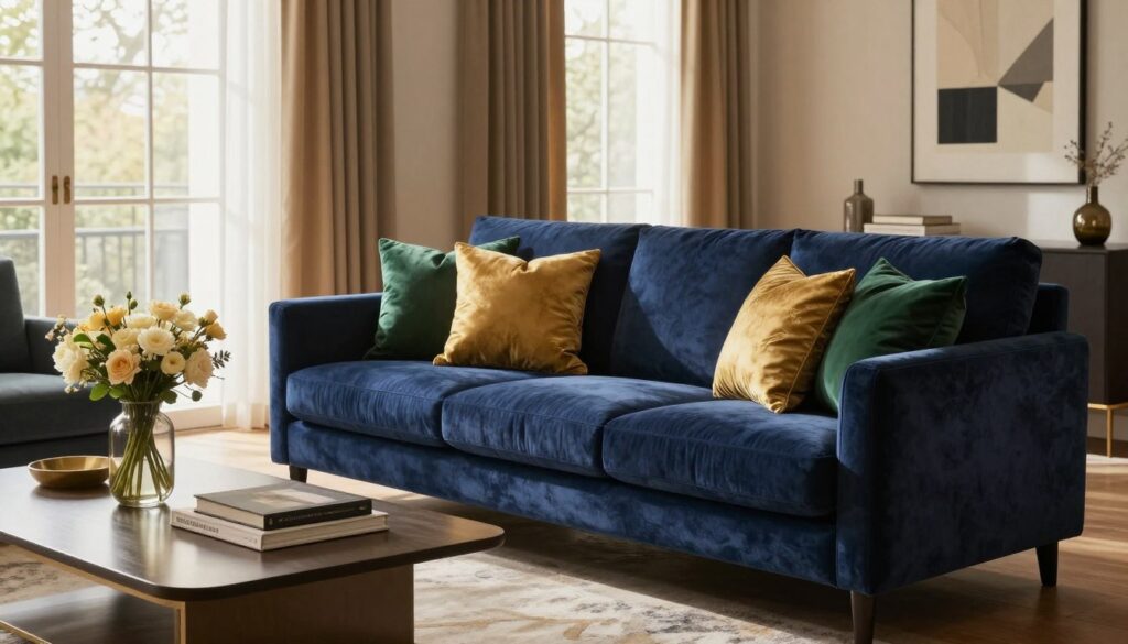 A stylish living room featuring a deep navy blue sofa, exuding elegance and sophistication. In the foreground, the plush sofa is adorned with rich, textured cushions in shades of gold and emerald green, enhancing the depth. The middle ground reveals a chic coffee table with decorative items such as a vase of fresh flowers and elegant books. A pair of luxurious curtains in a warm, muted color frame the large windows, allowing soft, diffused natural light to illuminate the room. In the background, a modern art piece hangs on the wall, complementing the navy of the sofa. The atmosphere is warm and inviting, with a subtle play of shadows and light, creating a harmonious balance within the space.