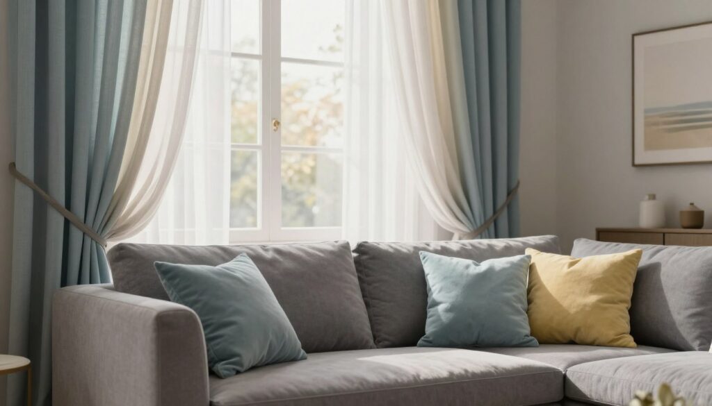 A stylish living room featuring a gray sofa as the central element, adorned with complementary curtains that enhance its appeal. In the foreground, the gray sofa is decorated with cushions in various shades of pastel, blues, and soft yellows, inviting comfort and relaxation. The middle ground showcases flowing curtains in delicate fabrics, such as sheer white and muted pastels, draping elegantly around a large window that lets in warm, soft daylight. In the background, a tastefully arranged wall in neutral tones supports a serene ambiance. The image is captured with a shallow depth of field, emphasizing the texture of the curtains and the inviting softness of the sofa. The overall mood is tranquil and sophisticated, perfect for illustrating the harmony of colors that suit a gray sofa in both light and dark interiors. A stylish living room featuring a gray sofa as the central element, adorned with complementary curtains that enhance its appeal. In the foreground, the gray sofa is decorated with cushions in various shades of pastel, blues, and soft yellows, inviting comfort and relaxation. The middle ground showcases flowing curtains in delicate fabrics, such as sheer white and muted pastels, draping elegantly around a large window that lets in warm, soft daylight. In the background, a tastefully arranged wall in neutral tones supports a serene ambiance. The image is captured with a shallow depth of field, emphasizing the texture of the curtains and the inviting softness of the sofa. The overall mood is tranquil and sophisticated, perfect for illustrating the harmony of colors that suit a gray sofa in both light and dark interiors.