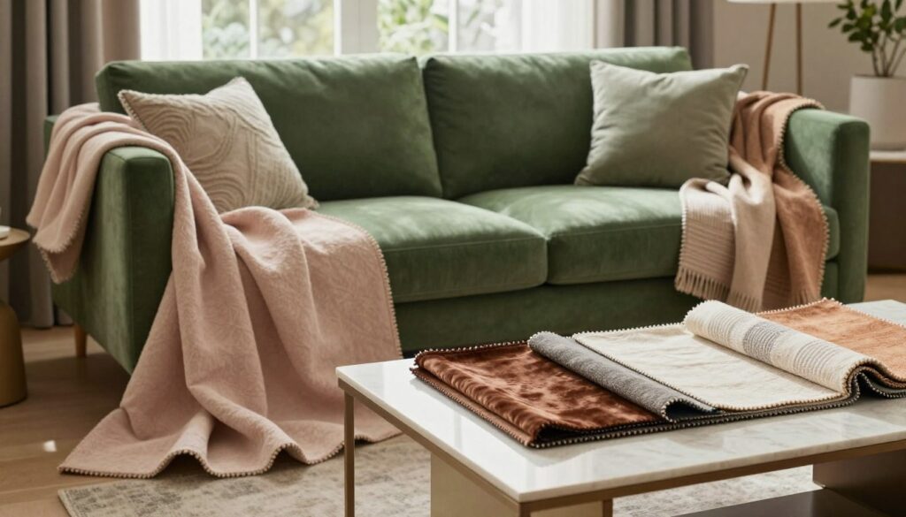 A stylish living room featuring a lush green sofa as the focal point, surrounded by an array of fabric samples in complementary colors and textures. The foreground showcases swatches of curtains in soft pastels and earthy tones, draped elegantly over the arm of the sofa. In the middle, a well-coordinated assortment of materials is displayed on a sleek coffee table, displaying rich textures like velvet, linen, and cotton. The background features a cozy window with natural light streaming in, highlighting the interplay of colors. The overall atmosphere is harmonious and inviting, emphasizing a sophisticated yet relaxed setting. Capture this scene with a warm, soft-focus lens to enhance the soothing ambiance, ensuring no text or branding is present.