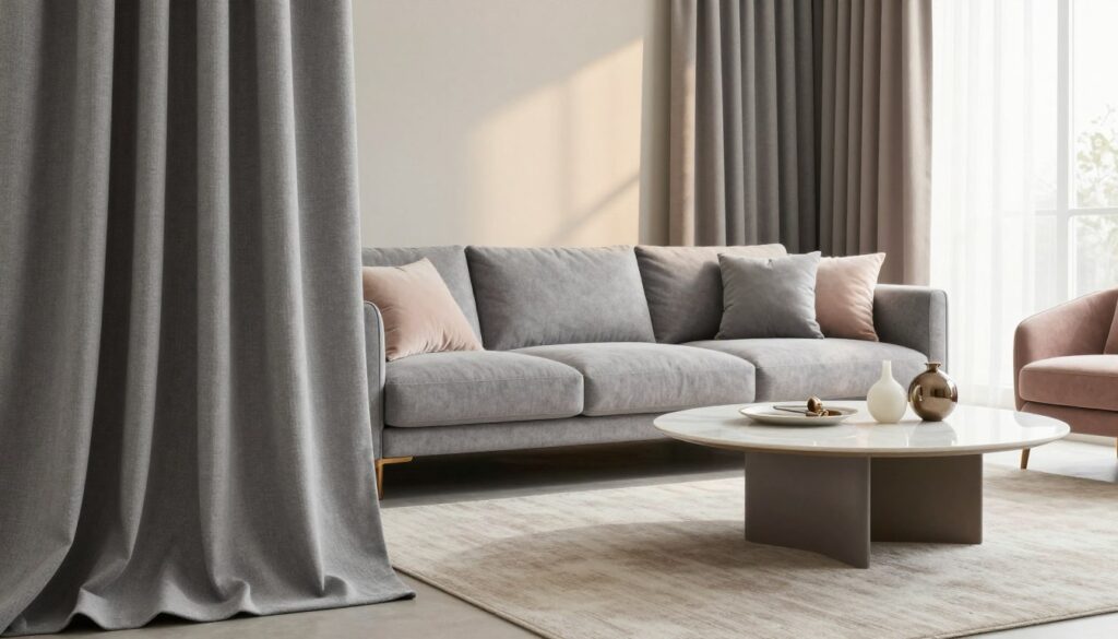 A stylish living room featuring a modern gray sofa as the focal point. In the foreground, elegant gray curtains drape gracefully, contrasting with the textures of the sofa. The middle ground displays a tastefully arranged coffee table adorned with decorative objects, while the background reveals a subtle interplay of light filtering through the curtains, creating a warm ambiance. Soft natural light illuminates the scene, enhancing the cozy atmosphere. The color palette includes shades of gray, beige, and soft pastels, reflecting the impact of light and shadow on the perception of space. The overall mood is inviting and tranquil, suitable for a stylish interior design discussion. No human subjects present, ensuring a clutter-free composition. A stylish living room featuring a modern gray sofa as the focal point. In the foreground, elegant gray curtains drape gracefully, contrasting with the textures of the sofa. The middle ground displays a tastefully arranged coffee table adorned with decorative objects, while the background reveals a subtle interplay of light filtering through the curtains, creating a warm ambiance. Soft natural light illuminates the scene, enhancing the cozy atmosphere. The color palette includes shades of gray, beige, and soft pastels, reflecting the impact of light and shadow on the perception of space. The overall mood is inviting and tranquil, suitable for a stylish interior design discussion. No human subjects present, ensuring a clutter-free composition.