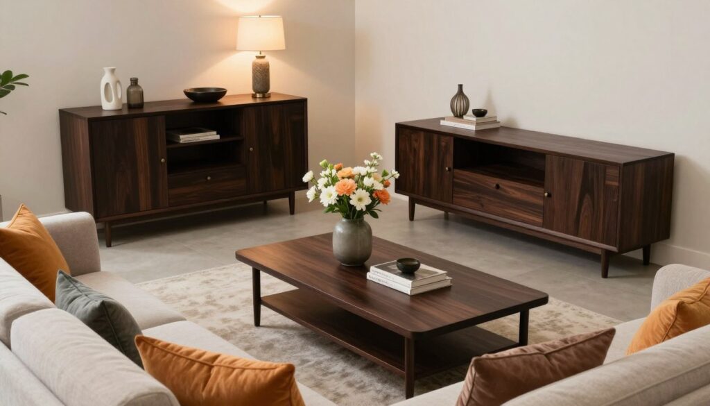 A stylish living room showcasing dark wooden furniture, such as a sleek coffee table and elegant side cabinets, juxtaposed against soft, light-colored walls and a plush, neutral-toned sofa. In the foreground, arrange decorative elements like vibrant cushions and a contemporary vase filled with fresh flowers, adding a pop of color. In the middle ground, include a modern area rug that helps to soften the look and create a cohesive grounding effect. The background features warm, ambient lighting from decorative lamps that enhance the inviting atmosphere. Capture the scene from a slightly elevated angle to highlight the harmonious blend of dark and light elements, creating a sense of balance and serenity. The overall mood should be tranquil and inviting, perfect for showcasing the effective use of accessories in interior design.