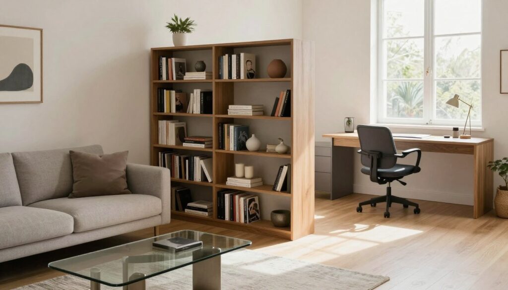 A stylish, modern room divided functionally by elegant furniture arrangements, demonstrating a permanent room division without walls. In the foreground, a sleek sofa and a glass coffee table create a cozy lounge area. In the middle, a sturdy bookshelf acts as a dividing element, filled with books and decorative items. To the right, a minimalist workspace with a desk and ergonomic chair complements the scene. Soft, natural light flows in from large windows, casting gentle shadows that enhance the inviting atmosphere. The color palette features soft neutrals and subtle pops of color, creating a harmonious look. Capture the image from a slightly elevated angle, focusing on the spatial arrangement and flow of the room, ensuring a professional and functional aesthetic suitable for home design. A stylish, modern room divided functionally by elegant furniture arrangements, demonstrating a permanent room division without walls. In the foreground, a sleek sofa and a glass coffee table create a cozy lounge area. In the middle, a sturdy bookshelf acts as a dividing element, filled with books and decorative items. To the right, a minimalist workspace with a desk and ergonomic chair complements the scene. Soft, natural light flows in from large windows, casting gentle shadows that enhance the inviting atmosphere. The color palette features soft neutrals and subtle pops of color, creating a harmonious look. Capture the image from a slightly elevated angle, focusing on the spatial arrangement and flow of the room, ensuring a professional and functional aesthetic suitable for home design.