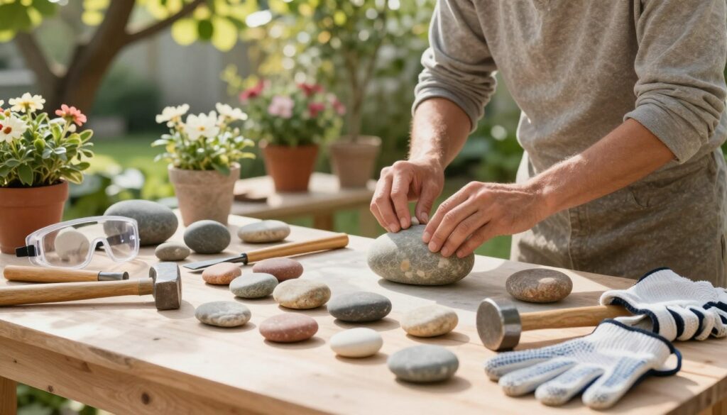 A tranquil garden scene focused on the preparation of natural stone decorations. In the foreground, a neatly arranged workspace features various smooth, colorful pebbles, tools such as chisels and hammers, and safety gear like gloves and goggles. The middle ground showcases an artisan in modest casual clothing carefully shaping a stone while surrounded by potted plants and blooming flowers. In the background, soft, dappled sunlight filters through leafy trees, creating a serene atmosphere. The image should be bright and inviting, with warm, natural lighting to enhance the earthy tones of the stones and the greenery. Capture the intricate details of the stones and tools to evoke a sense of craftsmanship and creativity in garden decoration. A tranquil garden scene focused on the preparation of natural stone decorations. In the foreground, a neatly arranged workspace features various smooth, colorful pebbles, tools such as chisels and hammers, and safety gear like gloves and goggles. The middle ground showcases an artisan in modest casual clothing carefully shaping a stone while surrounded by potted plants and blooming flowers. In the background, soft, dappled sunlight filters through leafy trees, creating a serene atmosphere. The image should be bright and inviting, with warm, natural lighting to enhance the earthy tones of the stones and the greenery. Capture the intricate details of the stones and tools to evoke a sense of craftsmanship and creativity in garden decoration.