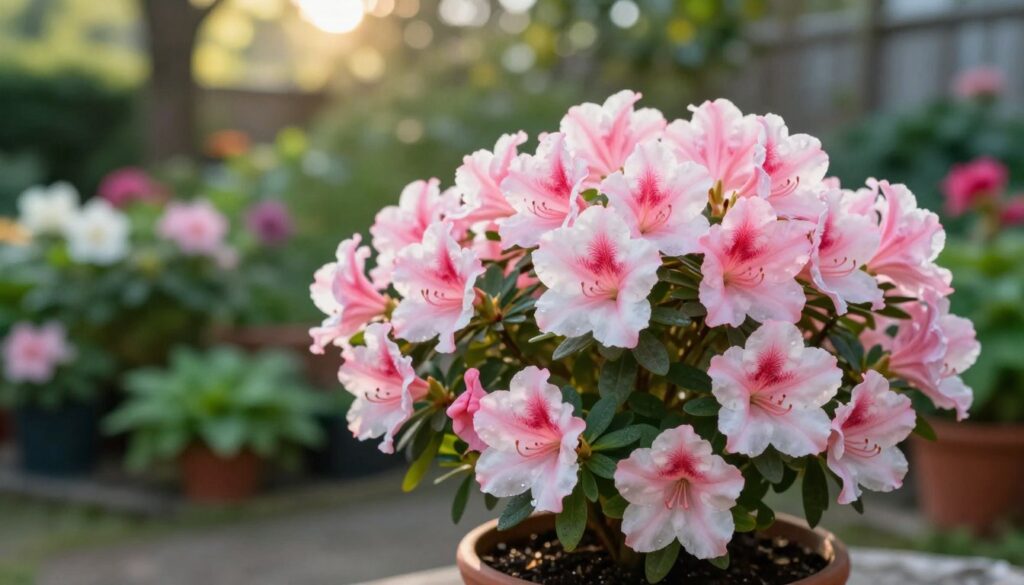 A vibrant azalia doniczkowa (potted azalea) with lush pink and white blossoms is prominently displayed in the foreground, showcasing its delicate petals and green leaves. The middle ground features a soft-focus garden environment, hinting at a variety of other plants and flowers that harmonize with the azaleas. In the background, gently blurred greenery and a hint of sunlight filtering through trees create a serene atmosphere. The lighting is soft and warm, emphasizing the azalea’s vibrant colors and adding a feeling of tranquility. The composition is taken from a slightly elevated angle to capture the intricate details of the flowers while providing a glimpse of their unique growing conditions. The overall mood conveys care and attention, reflecting the special treatment azaleas require in a garden setting. A vibrant azalia doniczkowa (potted azalea) with lush pink and white blossoms is prominently displayed in the foreground, showcasing its delicate petals and green leaves. The middle ground features a soft-focus garden environment, hinting at a variety of other plants and flowers that harmonize with the azaleas. In the background, gently blurred greenery and a hint of sunlight filtering through trees create a serene atmosphere. The lighting is soft and warm, emphasizing the azalea’s vibrant colors and adding a feeling of tranquility. The composition is taken from a slightly elevated angle to capture the intricate details of the flowers while providing a glimpse of their unique growing conditions. The overall mood conveys care and attention, reflecting the special treatment azaleas require in a garden setting.