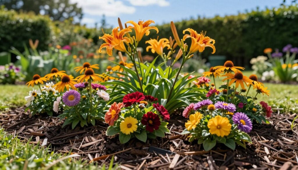 A vibrant garden scene featuring a beautifully mulched flower bed, showcasing a variety of perennial flowers in full bloom, such as daylilies, coneflowers, and asters. In the foreground, a layer of rich, dark mulch surrounds the colorful flowers, enhancing their vivid hues. The middle ground should display lush greenery and healthy foliage, creating a vibrant contrast against the mulch. The background features a softly blurred garden with green hedges and a clear blue sky, allowing sunlight to filter through, casting a warm, inviting light over the scene. Aim for an intimate perspective from a low angle, emphasizing the textures of the mulch and flowers, evoking a feeling of serenity and natural beauty in a well-tended garden. A vibrant garden scene featuring a beautifully mulched flower bed, showcasing a variety of perennial flowers in full bloom, such as daylilies, coneflowers, and asters. In the foreground, a layer of rich, dark mulch surrounds the colorful flowers, enhancing their vivid hues. The middle ground should display lush greenery and healthy foliage, creating a vibrant contrast against the mulch. The background features a softly blurred garden with green hedges and a clear blue sky, allowing sunlight to filter through, casting a warm, inviting light over the scene. Aim for an intimate perspective from a low angle, emphasizing the textures of the mulch and flowers, evoking a feeling of serenity and natural beauty in a well-tended garden.