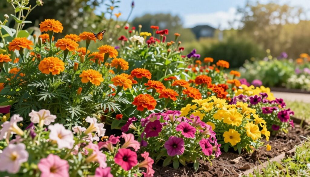 A vibrant garden scene featuring a variety of annual flowering plants, such as marigolds, petunias, and zinnias, in full bloom. The foreground showcases colorful, lush flowers with delicate petals, attracting butterflies and bees, while a mix of greens and earthy tones provides a natural feel. The middle ground reveals a beautifully arranged flower bed, highlighting the combination of vivid colors, such as bright oranges, pinks, and yellows, creating a striking visual harmony. In the background, soft-focus greenery suggests distant trees or bushes under a clear blue sky, with warm sunlight casting gentle shadows. The atmosphere is cheerful and inviting, perfect for showcasing effortless beauty in garden design, ideal for an easy-maintenance composition. A vibrant garden scene featuring a variety of annual flowering plants, such as marigolds, petunias, and zinnias, in full bloom. The foreground showcases colorful, lush flowers with delicate petals, attracting butterflies and bees, while a mix of greens and earthy tones provides a natural feel. The middle ground reveals a beautifully arranged flower bed, highlighting the combination of vivid colors, such as bright oranges, pinks, and yellows, creating a striking visual harmony. In the background, soft-focus greenery suggests distant trees or bushes under a clear blue sky, with warm sunlight casting gentle shadows. The atmosphere is cheerful and inviting, perfect for showcasing effortless beauty in garden design, ideal for an easy-maintenance composition.
