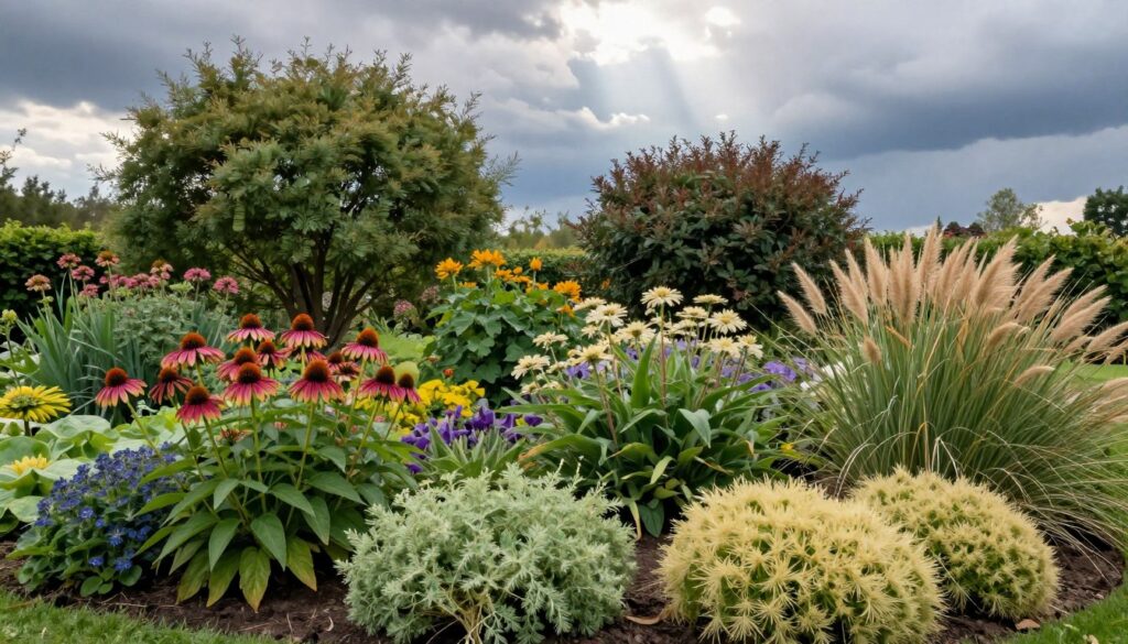 A vibrant garden scene featuring resilient plant species that thrive in harsh weather conditions. In the foreground, display a variety of hardy perennials such as echinacea, sedum, and ornamental grasses, showcasing their rich textures and colors. The middle ground should include a mix of robust shrubs and flowering plants with thick foliage, resilient against strong winds and drought. In the background, depict a dramatic sky, hinting at an approaching storm, with dark clouds contrasted by rays of sunlight breaking through, creating a dynamic atmosphere. Use soft, natural lighting to enhance the colors and enhance the serene yet resilient mood of the garden, captured from a slightly elevated angle to provide depth and perspective.