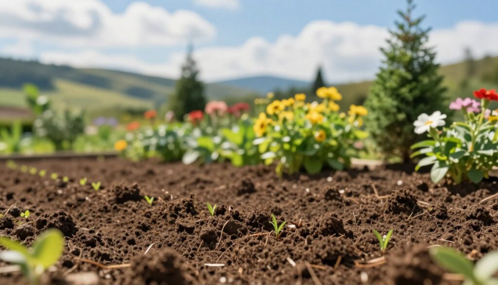 A vibrant garden scene focused on the condition of soil, featuring a rich, earthy brown soil texture in the foreground, dotted with small seedlings pushing through. In the middle ground, various ornamental shrubs exhibit lush foliage in shades of green, some with colorful blossoms reflecting the theme of flowering and evergreen species. The background showcases a soft-focus landscape of rolling hills and a bright blue sky, with gentle sunlight filtering through fluffy white clouds, creating a warm and inviting atmosphere. Use a focal length of 50mm to emphasize the details in the soil and plants, capturing the beauty of gardening and soil health while ensuring a sense of tranquility and growth.
