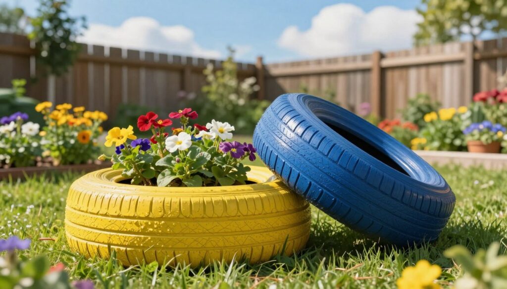 A vibrant garden setting featuring two freshly painted rubber tires, serving as unique planters filled with colorful flowers and greenery. In the foreground, one tire is painted bright yellow with water-resistant paint, while the other showcases a deep blue, both glistening slightly under warm sunlight. The middle ground showcases a well-maintained garden with lush grass and a variety of blooming plants. A soft-focus background includes a wooden fence and a clear blue sky scattered with fluffy white clouds, creating a serene and inviting atmosphere. Lighting is bright and cheerful, emphasizing the durability of the paint against the elements. The angle captures a slight upward view, highlighting the beauty of the tires amidst the blossoming garden. A vibrant garden setting featuring two freshly painted rubber tires, serving as unique planters filled with colorful flowers and greenery. In the foreground, one tire is painted bright yellow with water-resistant paint, while the other showcases a deep blue, both glistening slightly under warm sunlight. The middle ground showcases a well-maintained garden with lush grass and a variety of blooming plants. A soft-focus background includes a wooden fence and a clear blue sky scattered with fluffy white clouds, creating a serene and inviting atmosphere. Lighting is bright and cheerful, emphasizing the durability of the paint against the elements. The angle captures a slight upward view, highlighting the beauty of the tires amidst the blossoming garden.