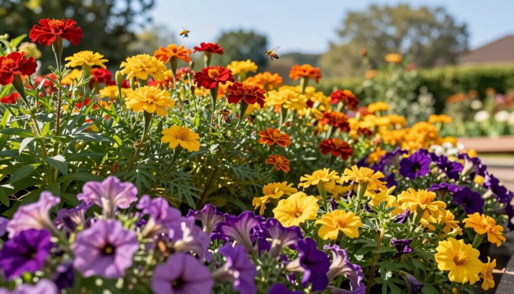 A vibrant summer garden filled with a variety of annual flowers in full bloom, showcasing an array of colors such as bright reds, yellows, and purples. In the foreground, clusters of petunias, zinnias, and marigolds create a lively display. The middle ground features lush green foliage, providing a rich backdrop for the flowers, while a few bees and butterflies flutter among the blossoms. The background is softly blurred, revealing distant trees under a clear blue sky, bathed in warm, golden sunlight that casts gentle shadows. Use a shallow depth of field with natural lighting to enhance the bright, cheerful atmosphere, making the scene inviting and perfect for a garden design context.