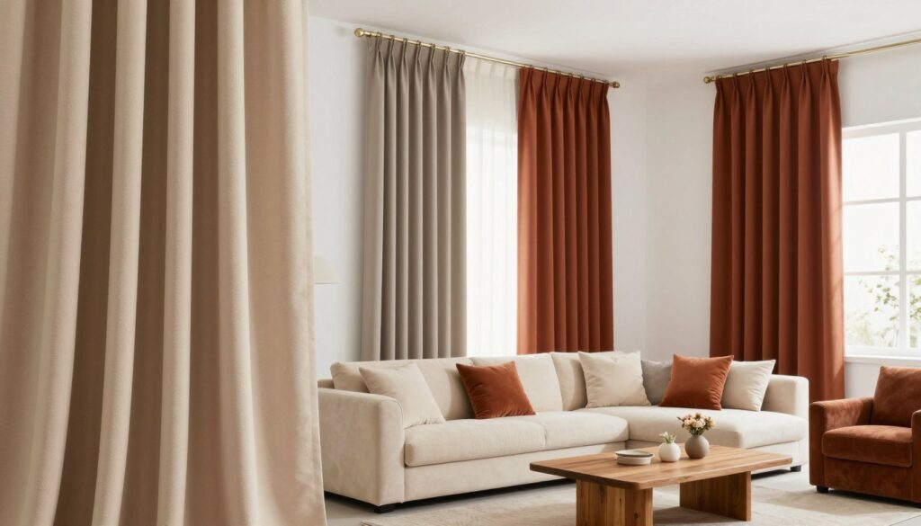 A visually harmonious interior scene showcasing a stylish room with white walls and rich brown furniture. In the foreground, elegant drapes in soft, warm colors such as beige, terracotta, and light taupe cascade gracefully from a sleek curtain rod. The middle layer features a plush sofa adorned with cream and earthy-toned cushions, while a wooden coffee table holds decorative elements like a small vase of flowers. The background reveals subtle natural light filtering through the drapes, creating a cozy, inviting atmosphere. Use a slightly angled perspective to emphasize the depth and comfort of the space, with soft shadows adding warmth and dimension to the scene. The overall mood should evoke tranquility and sophistication, perfect for readers seeking inspiration for their own home decor.
