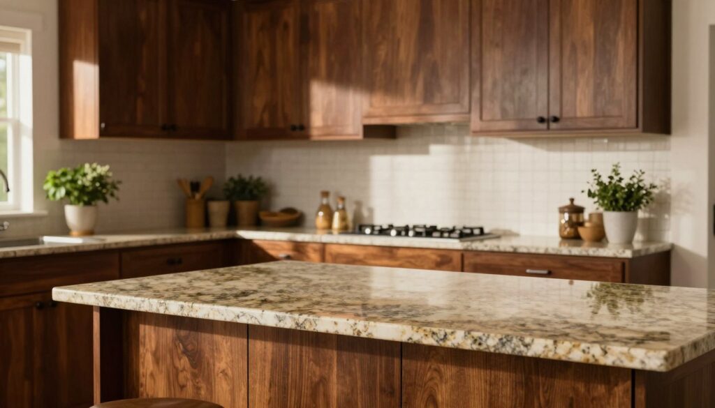 A well-designed kitchen featuring rich brown wooden cabinets, showcasing a balanced and harmonious color scheme. In the foreground, a sleek kitchen countertop made of polished granite or quartz in earthy tones complements the brown cabinetry. The middle section presents an inviting kitchen space with warm, natural lighting, highlighting the texture of the wood and the smooth surface of the countertop. Soft shadows create depth and warmth, while reflections on the countertop add a modern touch. In the background, there are subtle decorative elements like potted herbs and stylish kitchenware, enhancing the cozy, elegant atmosphere. The overall mood is serene and sophisticated, perfect for demonstrating how to create a cohesive look with brown kitchen furniture. A well-designed kitchen featuring rich brown wooden cabinets, showcasing a balanced and harmonious color scheme. In the foreground, a sleek kitchen countertop made of polished granite or quartz in earthy tones complements the brown cabinetry. The middle section presents an inviting kitchen space with warm, natural lighting, highlighting the texture of the wood and the smooth surface of the countertop. Soft shadows create depth and warmth, while reflections on the countertop add a modern touch. In the background, there are subtle decorative elements like potted herbs and stylish kitchenware, enhancing the cozy, elegant atmosphere. The overall mood is serene and sophisticated, perfect for demonstrating how to create a cohesive look with brown kitchen furniture.