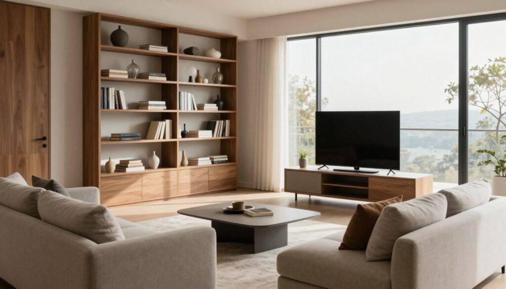 A well-designed modern living room showcasing ideal furniture proportions, emphasizing comfort and functionality. In the foreground, a stylish sofa with soft, inviting cushions sits opposite a sleek coffee table, creating an inviting seating arrangement. The middle ground features a tall bookshelf filled with stylish decor and books, alongside a minimalist TV stand. In the background, large windows allow natural light to flood the room, highlighting neutral wall colors and warm wooden accents. Soft shadows and a cozy atmosphere are created by a gentle, ambient light source. The overall mood is harmonious and welcoming, reflecting a balanced blend of style and practicality within the space.