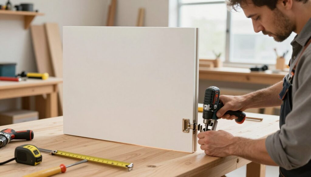 A well-equipped carpenter expertly installing hidden hinges on a sleek, modern, flush door. In the foreground, the carpenter is focused on precision, using a router to create mortises for the hinges, surrounded by essential tools like a measuring tape, a chisel, and a power drill. The middle ground features the door leaning against a workbench, highlighting the hinge placements and the smooth finish of the door’s surface. The background reveals a bright workshop filled with wood, tools, and a large window allowing natural light to flood in, creating a professional and inviting atmosphere. The scene conveys a sense of craftsmanship and attention to detail, with warm lighting that emphasizes the texture of the wood and tools.
