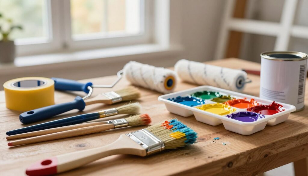 A well-organized array of essential painting tools on a wooden workbench, including brushes of various sizes, a paint roller, painter's tape, a tray filled with vibrant paint colors, and a can of durable paint. In the foreground, a close-up of a brush dipped in colorful paint, capturing bristles glistening under bright, natural light. The middle ground features neatly arranged tools in an inviting workshop setting, with a soft-focus on an open window letting in warm daylight. The background showcases a blurred view of painted furniture, hinting at a creative atmosphere. The mood is inspiring and dynamic, encouraging creativity and craftsmanship, with an emphasis on preparation and quality in painting. A well-organized array of essential painting tools on a wooden workbench, including brushes of various sizes, a paint roller, painter's tape, a tray filled with vibrant paint colors, and a can of durable paint. In the foreground, a close-up of a brush dipped in colorful paint, capturing bristles glistening under bright, natural light. The middle ground features neatly arranged tools in an inviting workshop setting, with a soft-focus on an open window letting in warm daylight. The background showcases a blurred view of painted furniture, hinting at a creative atmosphere. The mood is inspiring and dynamic, encouraging creativity and craftsmanship, with an emphasis on preparation and quality in painting.