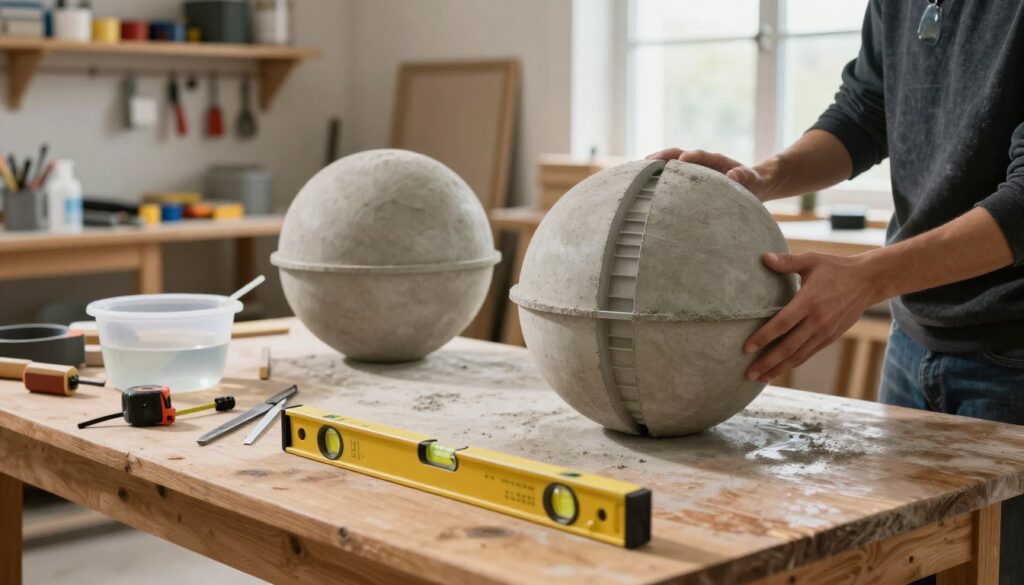 A well-organized workshop scene showcasing the preparation of a mold for a large concrete garden sphere. In the foreground, a sturdy wooden table displays various tools such as measuring tape, a level, and mixing materials like concrete powder and water. In the middle ground, a large plastic sphere mold is being assembled, with a person in smart casual clothing carefully securing the halves together. The background features shelves lined with tools and materials, along with a bright window allowing natural light to illuminate the workspace. The atmosphere is focused and creative, highlighting the intricate process of mold preparation. The lighting is warm and inviting, with soft shadows enhancing the textures of the materials. The scene captures a sense of craftsmanship and dedication, perfect for DIY enthusiasts.