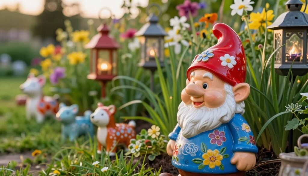 A whimsical garden gnome adorned with unique decorative elements, prominently featured in the foreground. The gnome is wearing a vibrant red hat and a blue tunic, surrounded by hand-painted flowers and intricate patterns on its clothing. In the middle ground, a variety of distinct garden decorations such as colorful ceramic animals and handmade lanterns create an enchanting atmosphere. The background showcases a lush green garden filled with blooming flowers and tall grass, under soft golden hour lighting that casts a warm glow across the scene. Capture the image with a shallow depth of field to highlight the gnome, while the surrounding decorations are blurred slightly for depth, evoking a charming and inviting mood. A whimsical garden gnome adorned with unique decorative elements, prominently featured in the foreground. The gnome is wearing a vibrant red hat and a blue tunic, surrounded by hand-painted flowers and intricate patterns on its clothing. In the middle ground, a variety of distinct garden decorations such as colorful ceramic animals and handmade lanterns create an enchanting atmosphere. The background showcases a lush green garden filled with blooming flowers and tall grass, under soft golden hour lighting that casts a warm glow across the scene. Capture the image with a shallow depth of field to highlight the gnome, while the surrounding decorations are blurred slightly for depth, evoking a charming and inviting mood.