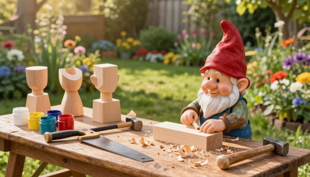 A whimsical garden scene featuring a gnome workshop, closely focusing on the preparation of a sturdy base for a decorative garden gnome. In the foreground, a wooden workbench is cluttered with tools like a small saw, a hammer, and paint pots in vibrant colors. A cheerful gnome, wearing a classic red hat and blue overalls, is meticulously shaping a block of wood, with bits of shavings scattered around. The middle ground showcases various parts of gnome bodies—painted heads, arms, and legs—awaiting assembly. In the background, a lush garden filled with blooming flowers and tall greenery creates a serene, magical atmosphere. The scene is illuminated by warm, golden afternoon sunlight streaming through the trees, casting soft shadows that enhance the inviting feel of this creative workspace. A whimsical garden scene featuring a gnome workshop, closely focusing on the preparation of a sturdy base for a decorative garden gnome. In the foreground, a wooden workbench is cluttered with tools like a small saw, a hammer, and paint pots in vibrant colors. A cheerful gnome, wearing a classic red hat and blue overalls, is meticulously shaping a block of wood, with bits of shavings scattered around. The middle ground showcases various parts of gnome bodies—painted heads, arms, and legs—awaiting assembly. In the background, a lush garden filled with blooming flowers and tall greenery creates a serene, magical atmosphere. The scene is illuminated by warm, golden afternoon sunlight streaming through the trees, casting soft shadows that enhance the inviting feel of this creative workspace.