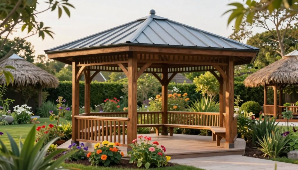 An elegant garden gazebo with a modern roof design, showcasing a mix of lightweight, durable materials like wood, metal, and thatch. In the foreground, vibrant flowers and green foliage surround the gazebo, highlighting the natural beauty. The middle ground features the gazebo structure with a polished wooden framework and a sleek metal roof, reflecting sunlight. In the background, a lush garden filled with various plants, shrubs, and trees creates a serene atmosphere. The lighting is soft and warm, reminiscent of a late afternoon glow, adding a touch of tranquility. The angle is slightly elevated, providing a comprehensive view of the gazebo and its surroundings, evoking a peaceful outdoor retreat. An elegant garden gazebo with a modern roof design, showcasing a mix of lightweight, durable materials like wood, metal, and thatch. In the foreground, vibrant flowers and green foliage surround the gazebo, highlighting the natural beauty. The middle ground features the gazebo structure with a polished wooden framework and a sleek metal roof, reflecting sunlight. In the background, a lush garden filled with various plants, shrubs, and trees creates a serene atmosphere. The lighting is soft and warm, reminiscent of a late afternoon glow, adding a touch of tranquility. The angle is slightly elevated, providing a comprehensive view of the gazebo and its surroundings, evoking a peaceful outdoor retreat.