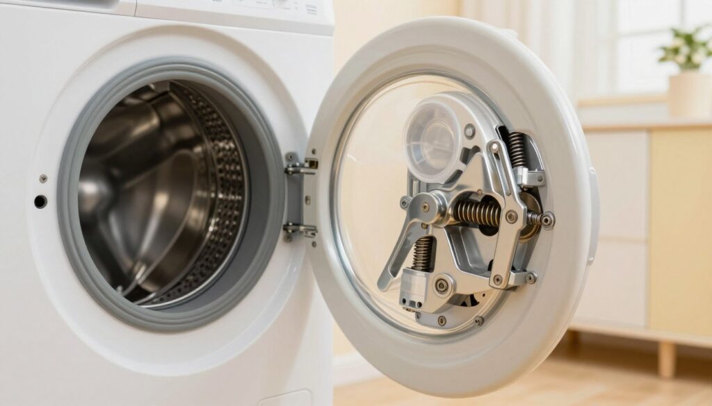 An emergency door opening mechanism for a washing machine, showcased prominently in the foreground. The mechanism is intricately designed with mechanical levers, springs, and a clear housing that reveals its inner workings. In the middle ground, include a partially open washing machine door with the interior components slightly visible to enhance context. The background features a softly lit laundry room with pastel colors, creating a calm and functional atmosphere. Use warm, diffuse lighting to highlight the details of the mechanism. The perspective is a close-up angle, emphasizing the complexity and functionality of the emergency release system. Overall, the image evokes a sense of practicality and safety, illustrating a technical solution in a home environment.