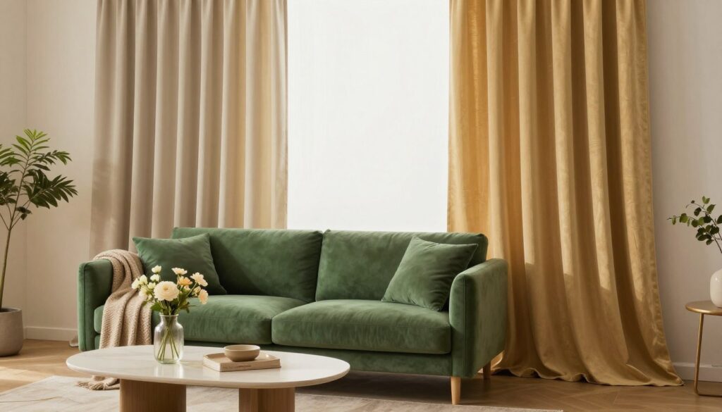 An inviting living room featuring a lush green sofa as the focal point, adorned with a selection of harmonious curtains. The curtains should be elegant and tailored, in soft, complementary colors such as light beige and muted gold, cascading gracefully to the floor. In the foreground, add a stylish coffee table with a few decorative items like a vase of fresh flowers and a cozy throw blanket. In the middle, the green sofa with plush cushions should be prominently displayed, surrounded by warm, ambient lighting that enhances the comfortable atmosphere. The background showcases a softly-painted wall and touches of greenery, creating a serene, inviting space. Aim for a balanced composition that evokes a sense of style and tranquility, with a cozy, modern aesthetic.