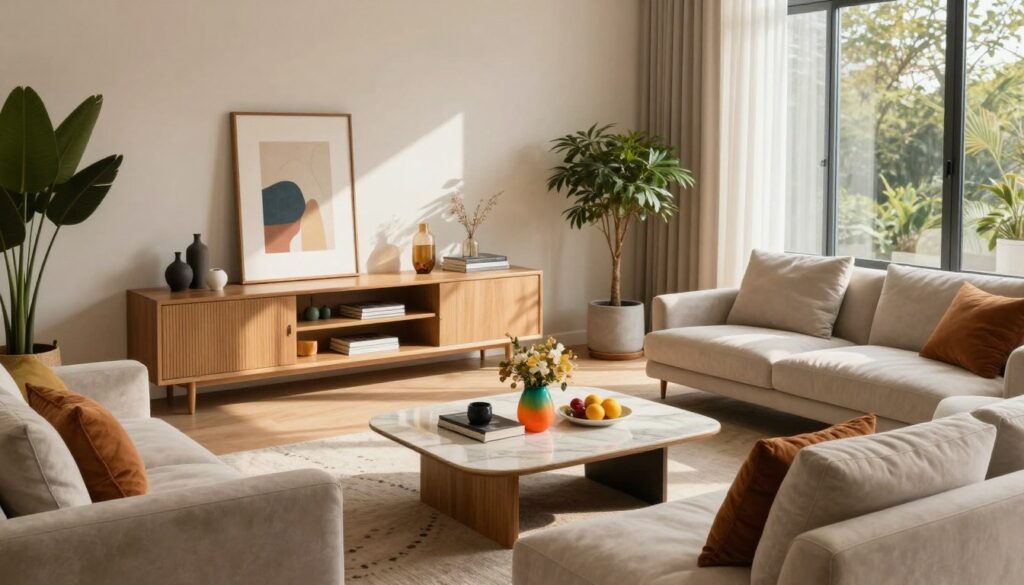 Interior design of a modern living room, showcasing a cozy and inviting atmosphere. In the foreground, a plush sofa arranged around a stylish coffee table with a vibrant centerpiece. The middle ground features a well-organized entertainment unit with books and decorative items, paired with an elegant armchair for additional seating. Soft, natural lighting filters through large windows, casting gentle shadows across the room. The background displays some indoor plants for a touch of greenery, and wall art adds a personal flair. The color palette includes warm neutrals combined with pops of color to create a dynamic yet relaxing environment. Capture the essence of a space designed for relaxation and social gatherings, ensuring a welcoming and functional layout. Interior design of a modern living room, showcasing a cozy and inviting atmosphere. In the foreground, a plush sofa arranged around a stylish coffee table with a vibrant centerpiece. The middle ground features a well-organized entertainment unit with books and decorative items, paired with an elegant armchair for additional seating. Soft, natural lighting filters through large windows, casting gentle shadows across the room. The background displays some indoor plants for a touch of greenery, and wall art adds a personal flair. The color palette includes warm neutrals combined with pops of color to create a dynamic yet relaxing environment. Capture the essence of a space designed for relaxation and social gatherings, ensuring a welcoming and functional layout.